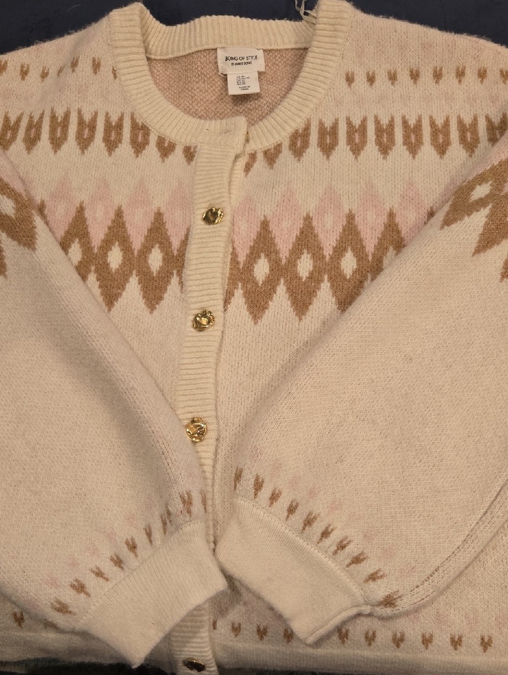 Song of Style Cream Fair Isle Cardigan with Pink and Tan Accents